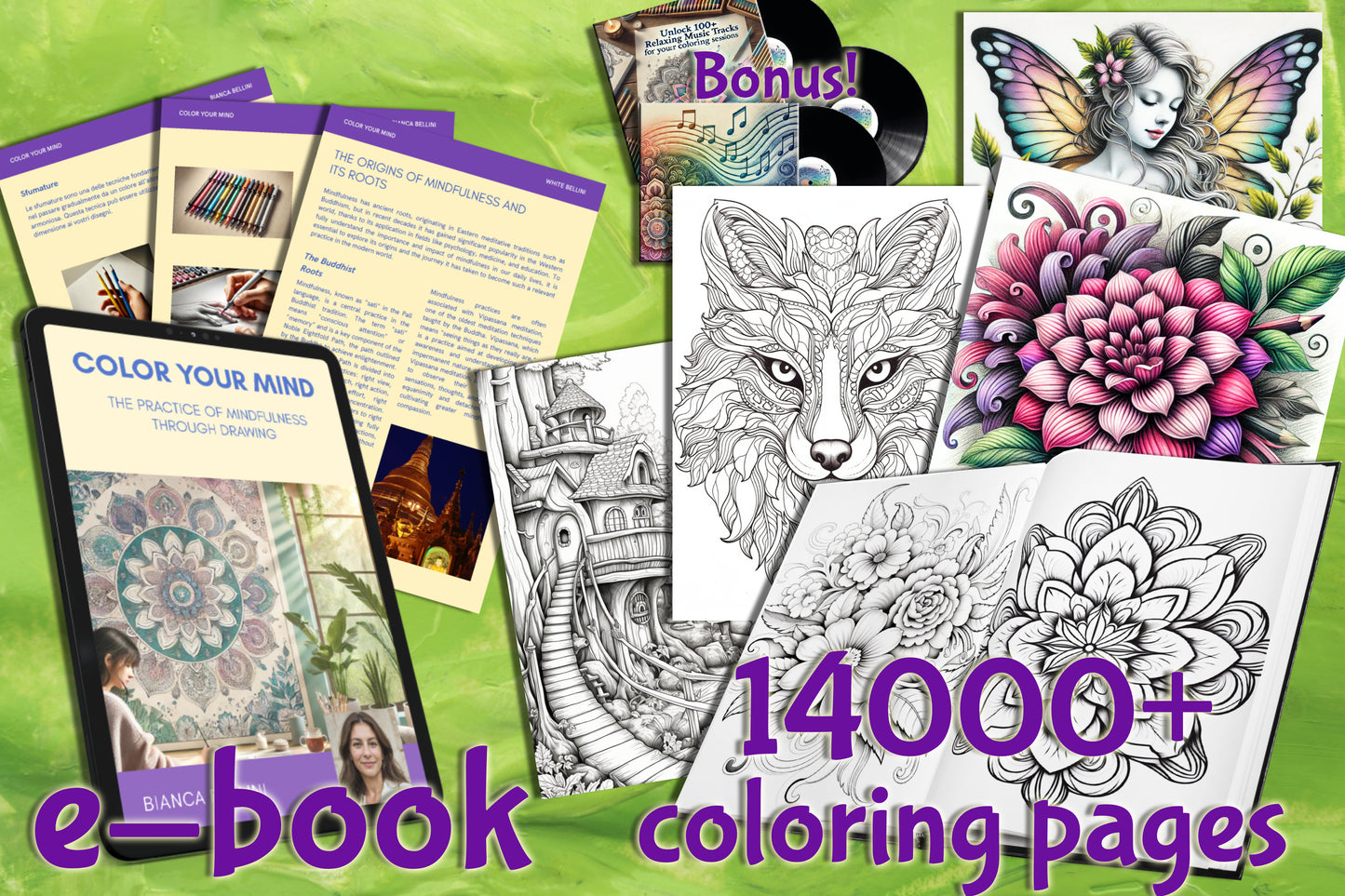 ColorYourMind" E-Book + 14,000+ Coloring Pages + 100 Relaxing Music Tracks Bundle