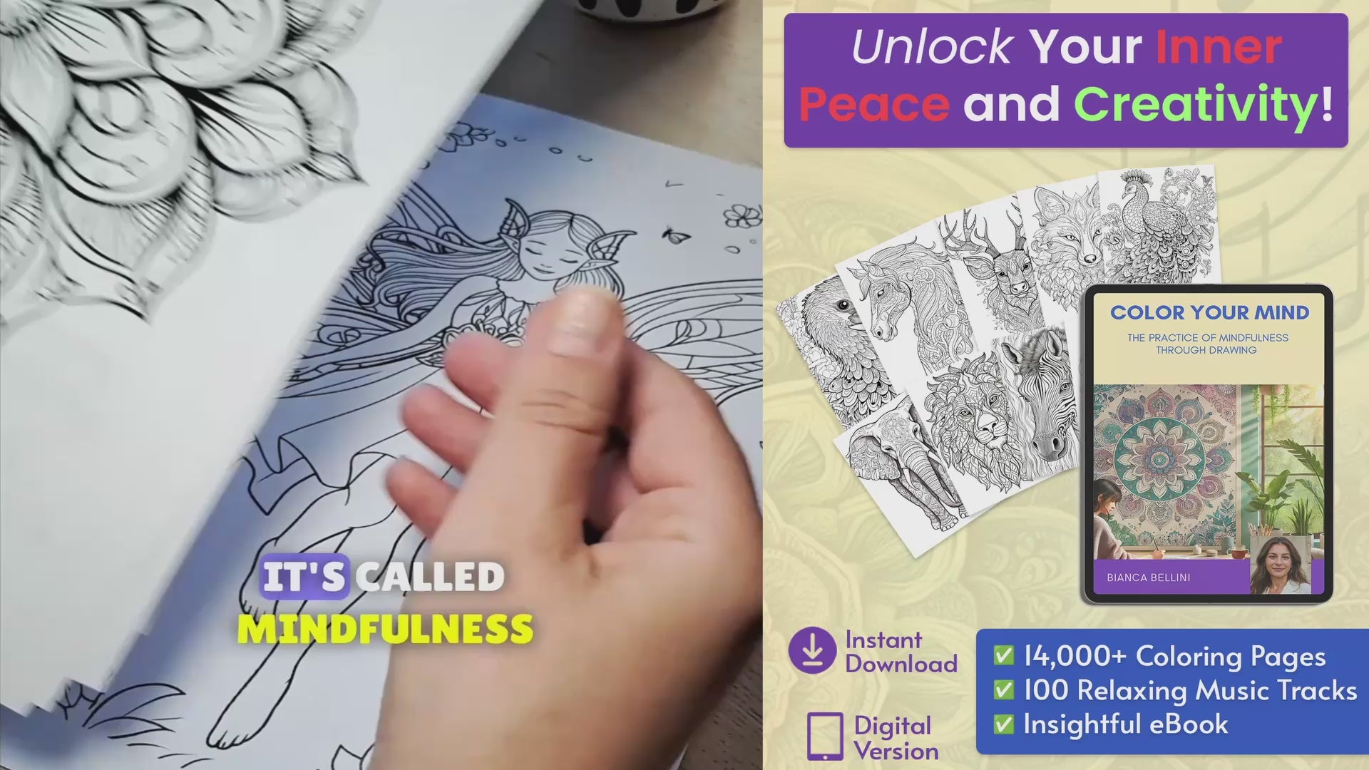 Load video: &quot;Welcome to &#39;Color Your Mind,&#39; your ultimate tool forstress relief, mindfulness, and creativity. If life feelsoverwhelming, this digital bundle is here to help you rediscoverbalance and inner peace—all through the simple joy of coloring.&quot;&quot;What’s inside? A &#39;Mindfulness Coloring&#39; eBook to guideyou through therapeutic practices that calm your mind and enhancefocus. Over 14,000 beautifully designed printable coloringpages, perfect for adults looking to relax and get creative.  And 100soothing music tracks crafted to melt away stress and create theideal environment for mindfulness.&quot;&quot;Because it’s a digital product, you’ll get instantaccess after purchase. Download the files, print the pages you love,and start your journey toward relaxation right away. Whether it’s afew minutes a day or a dedicated hour, &#39;Color Your Mind&#39; helps youcreate moments of calm whenever you need them.&quot;&quot;The benefits are life-changing: reduce stress, boostmental clarity, and enjoy a creative outlet that brings balance toyour day. Thousands of people have transformed their routines withthis bundle—now it’s your turn.&quot;&quot;Ready to take the first step? Click below to get your&#39;Color Your Mind&#39; bundle today and start coloring your way to a morepeaceful, mindful you. GetInstant Access Now&quot;